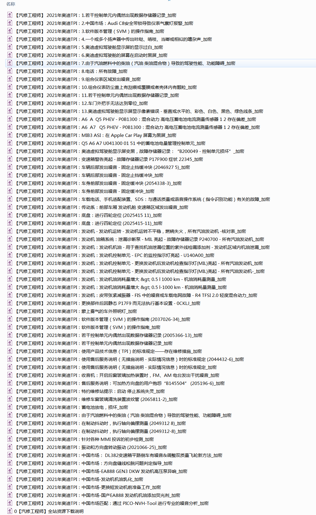 📂奥迪 | Audi原厂TPI 技术通报 故障案例 故障案例查询 2021年（62份52M）