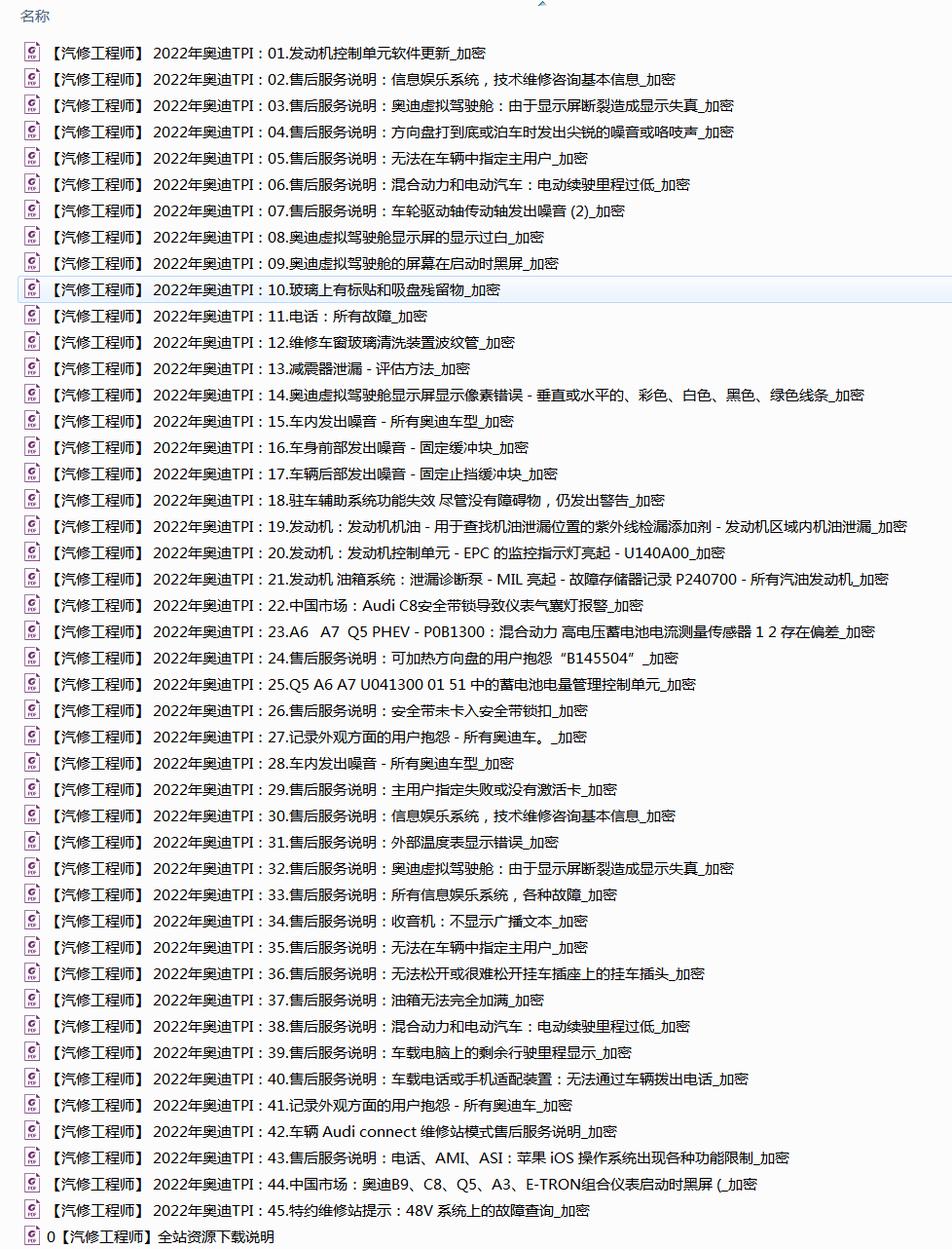 📂奥迪 | Audi原厂TPI 技术通报 故障案例 故障问题查询 2022年(45份49M)