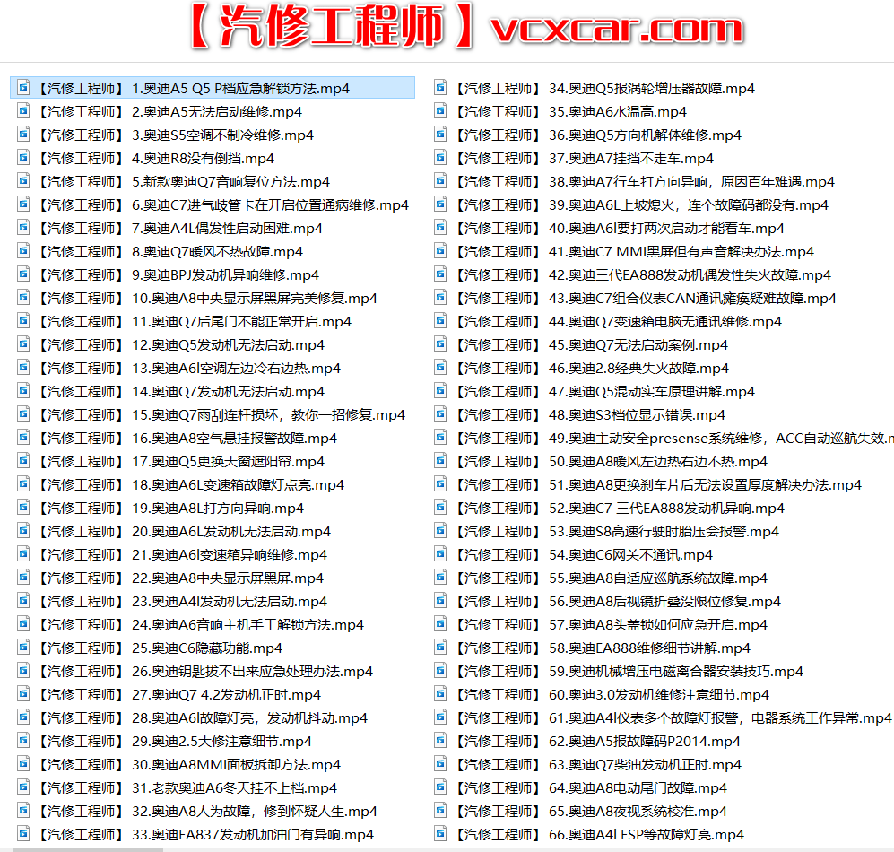 📂奥迪 | Audi 2022年 最新精选各类疑难故障 维修视频教程 解决方案和分析方法 汇总 300集 (10.3G)