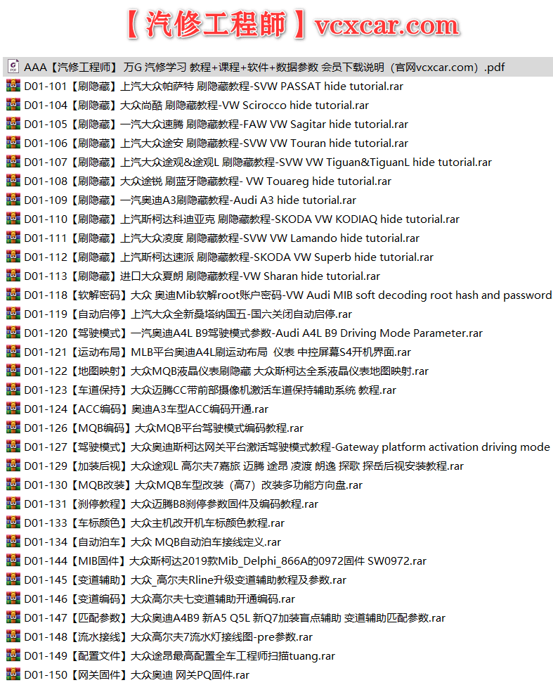 🟥[SVIP·专享] 大众奥迪 |【第15套】刷隐藏教程+数据参数固件+编码匹配+升级改装 [ACC MQB编码 软解密码 自动启停 地图模式 加装后视 刹停教程 变道辅助 网关固件] (32份 620M)