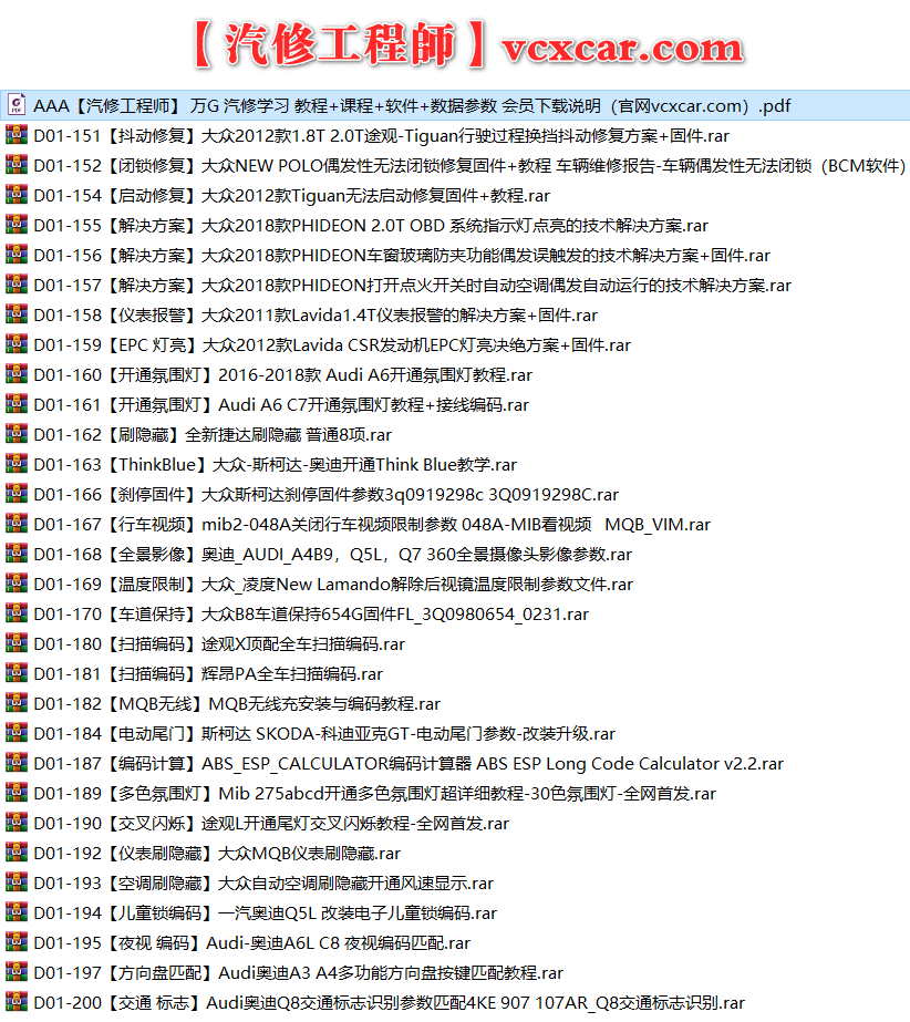 🟥[SVIP·专享] 大众奥迪 |【第16套】刷隐藏教程+数据参数固件+编码匹配+升级改装 [故障解决方案 抖动闭锁启动修复 仪表报警 开通氛围灯 行车视频限制 全景影像 电动尾门儿童锁夜视编码](30份)