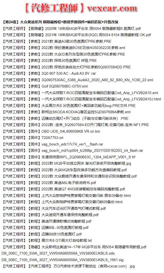 🟥[SVIP·专享] 大众奥迪 |【第24套】刷隐藏教程+数据参数固件+编码匹配+升级改装 [2022款 保时捷功放参数 改装智能泊车编码 5Q0参数3Q0参数 盲区监控 四驱编码 贯穿尾灯 电动氛围灯 弹射模式](35份)