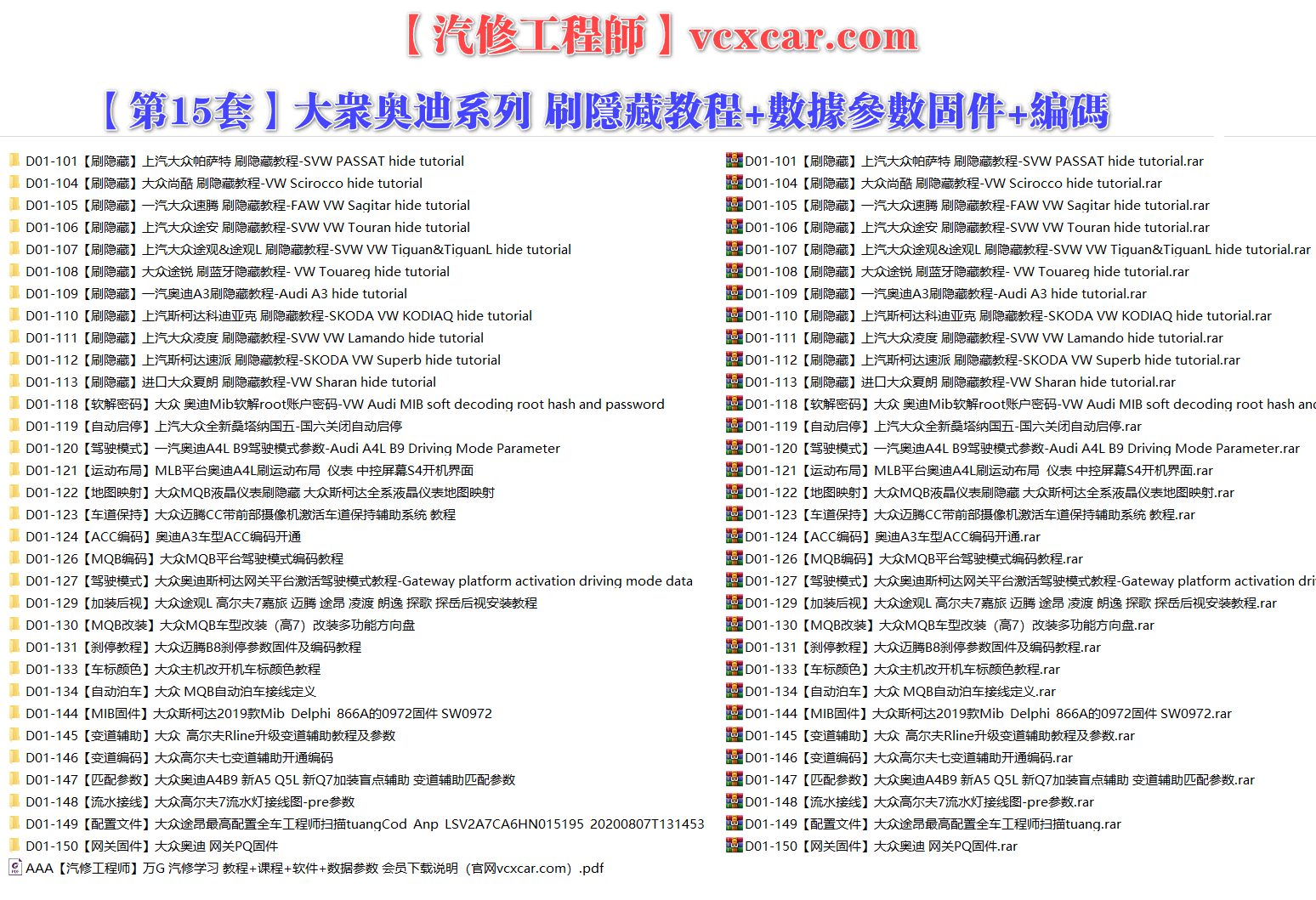 🟥[SVIP·专享] 大众奥迪 |【第15套】刷隐藏教程+数据参数固件+编码匹配+升级改装 [ACC MQB编码 软解密码 自动启停 地图模式 加装后视 刹停教程 变道辅助 网关固件] (32份 620M)