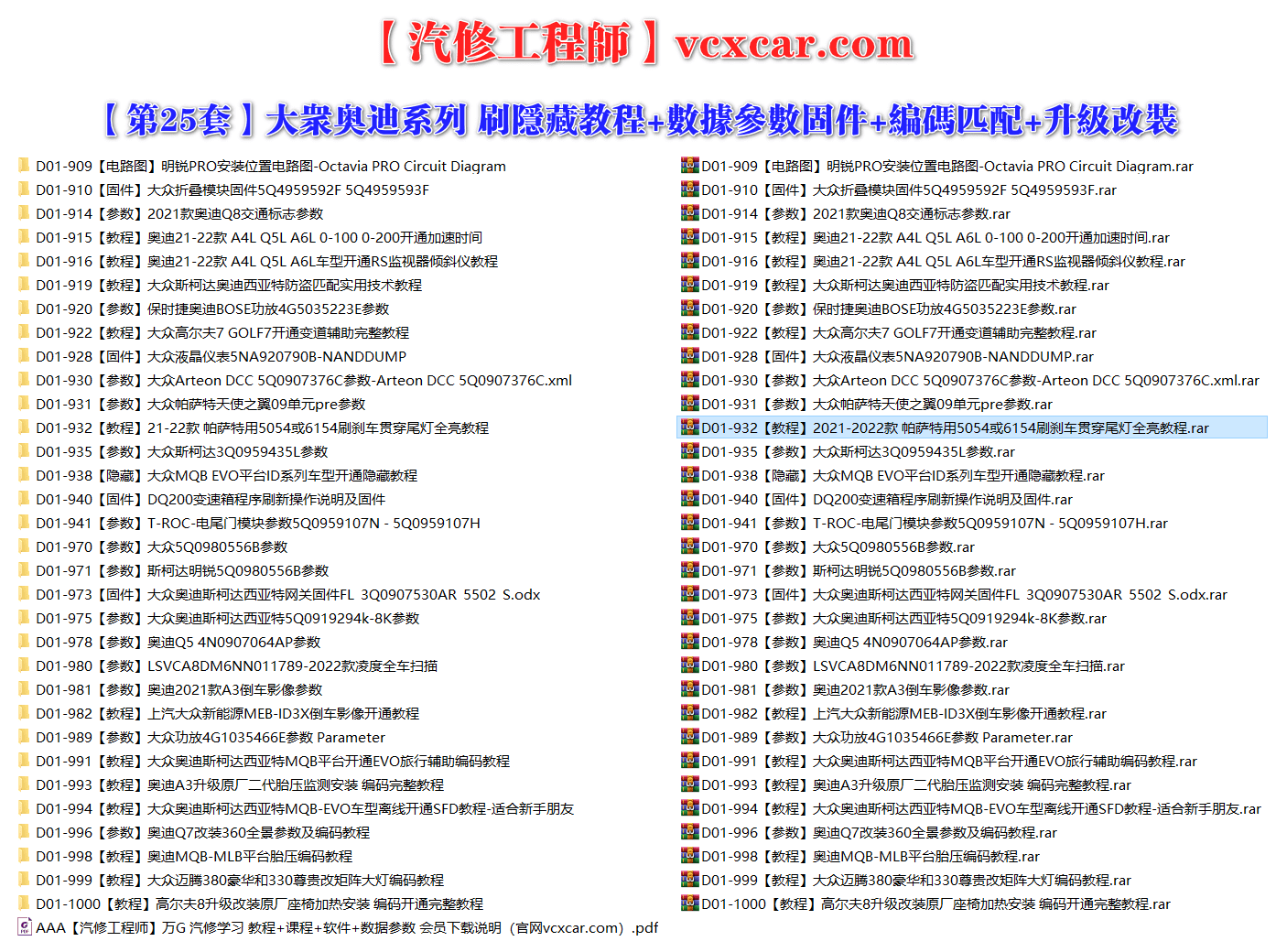 🟥[SVIP·专享] 大众奥迪 |【第25套】刷隐藏教程+数据参数固件+编码匹配+升级改装 [22款开通加速 监视器倾斜仪 全车扫描 5054/6154刷刹车贯穿尾灯 新能源MEB倒车影像 MQB-EVO旅游辅助编码 离线开通SFD 折叠模块 5Q0参数 保时捷功放 矩阵大灯 天使之翼](32份)