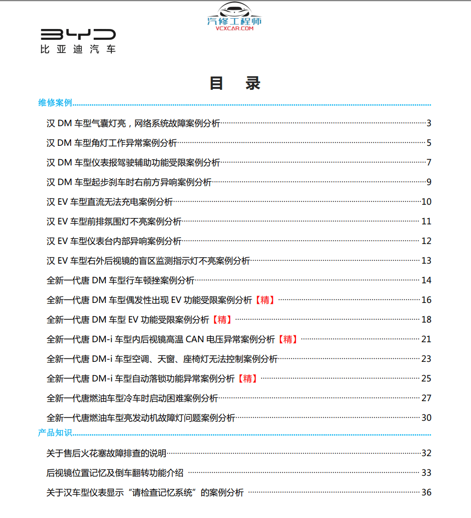 🟥[SVIP·专享] 比亚迪BYD | 故障案例 2022~2019年 新能源+混动+燃油车 技术通报 故障案例 03 (2G 60份)