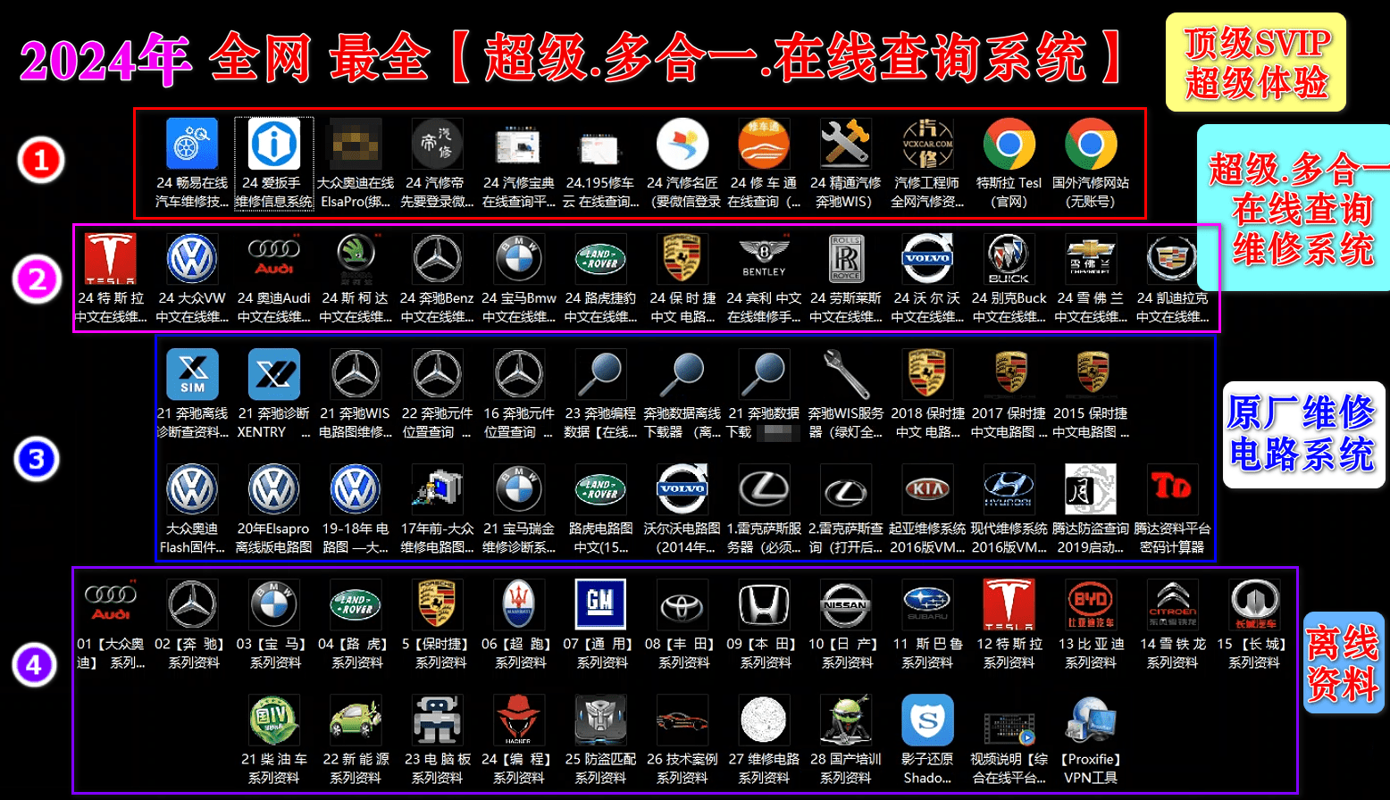 [置顶] ♠【2024年最新 超级多合一 在线+离线 查询系统】体验版【爱扳手+畅意+大众奥迪在线ElsaPro+宝典+汽修帝+精通+195..超级综合查询平台】德美日国产 最新款车型 高中低车型 燃油车 新能源 混动车 维修手册+电路图+技术通报+拆装资料+保养资料】