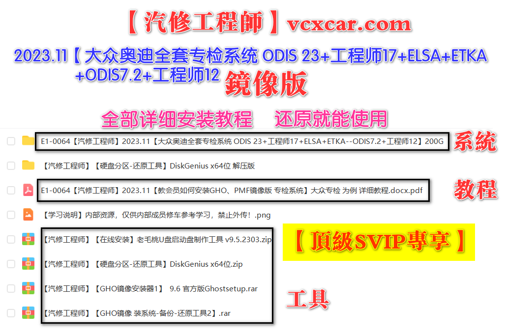 🟥[SVIP.专享] 大众奥迪 | 专检系统 2023.11[镜像版 一键还原] 最新全套专检系统+安装教程ODIS 23+工程师17+ELSA+ETKA--ODIS7.2+工程师12】200G