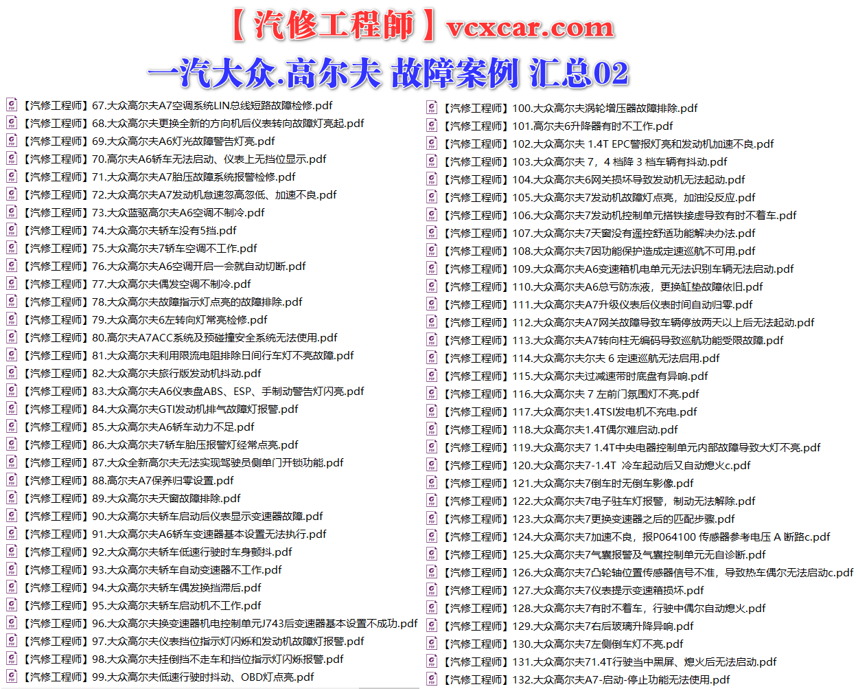 ✅[Free.免费] 一汽大众.高尔夫Golf | 常见经典 原厂维修案例 故障案例 01（180份）