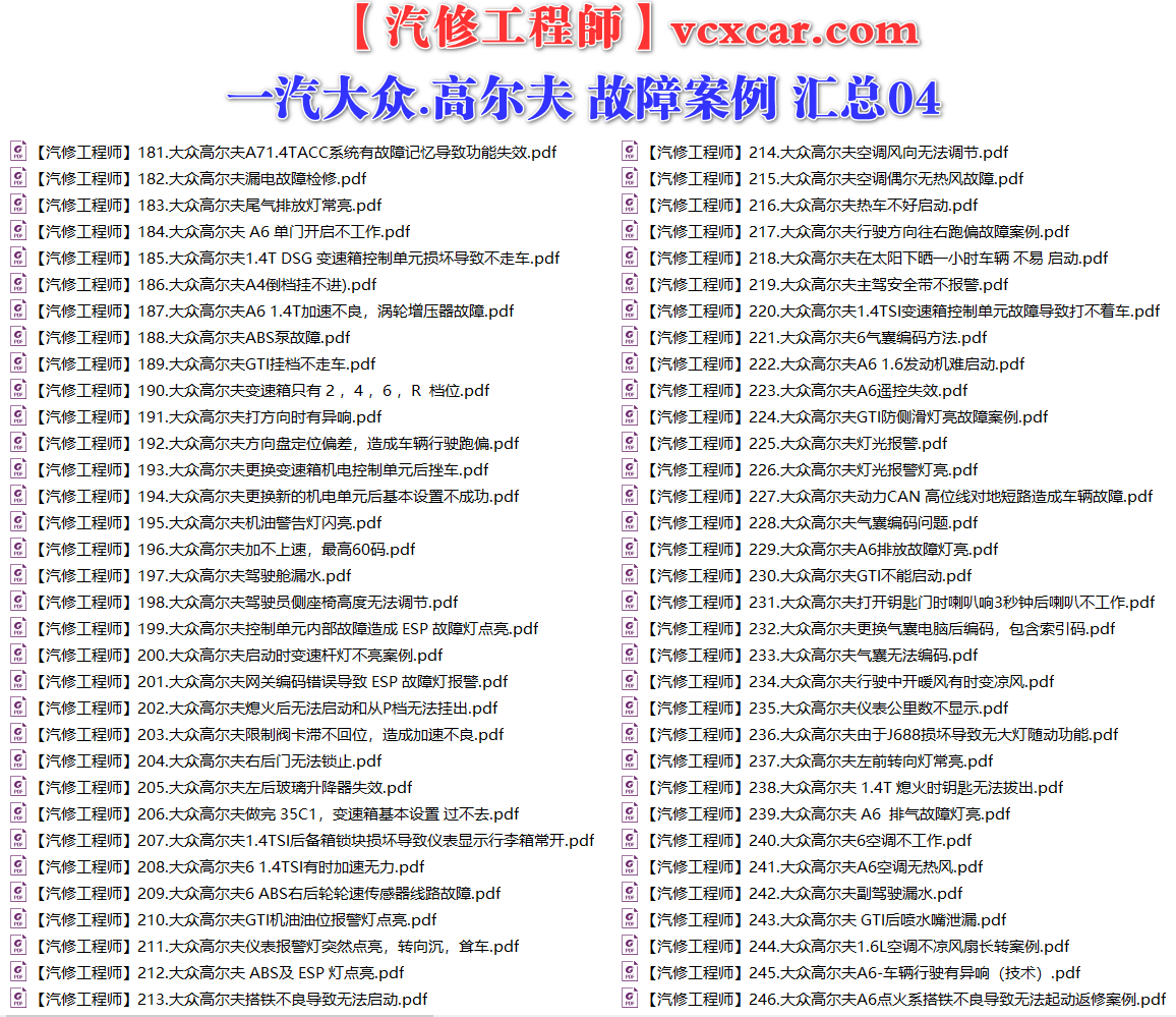 ✅[Free.免费] 一汽大众.高尔夫Golf | 常见经典 原厂维修案例 故障案例 02（128份）