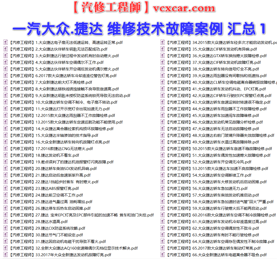 ✅[Free.免费] 一汽大众.捷达Jetta | 常见经典 原厂维修案例 故障案例 01（180份）