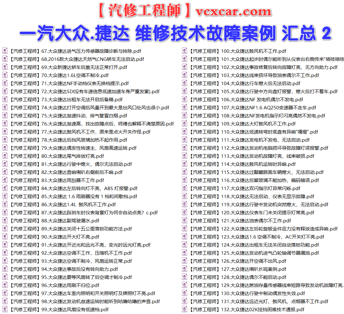 ✅[Free.免费] 一汽大众.捷达Jetta | 常见经典 原厂维修案例 故障案例 01（180份）