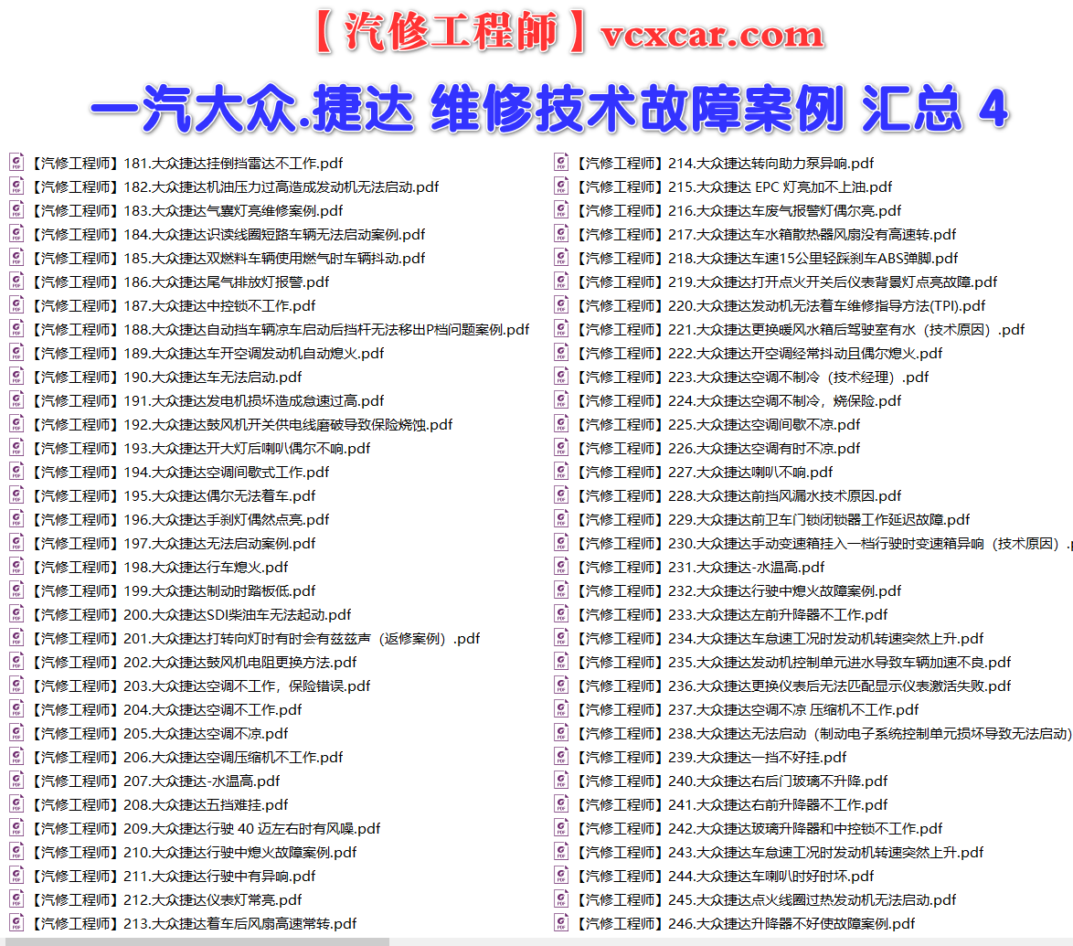 ✅[Free.免费] 一汽大众.捷达Jetta | 常见经典 原厂维修案例 故障案例 02（116份）