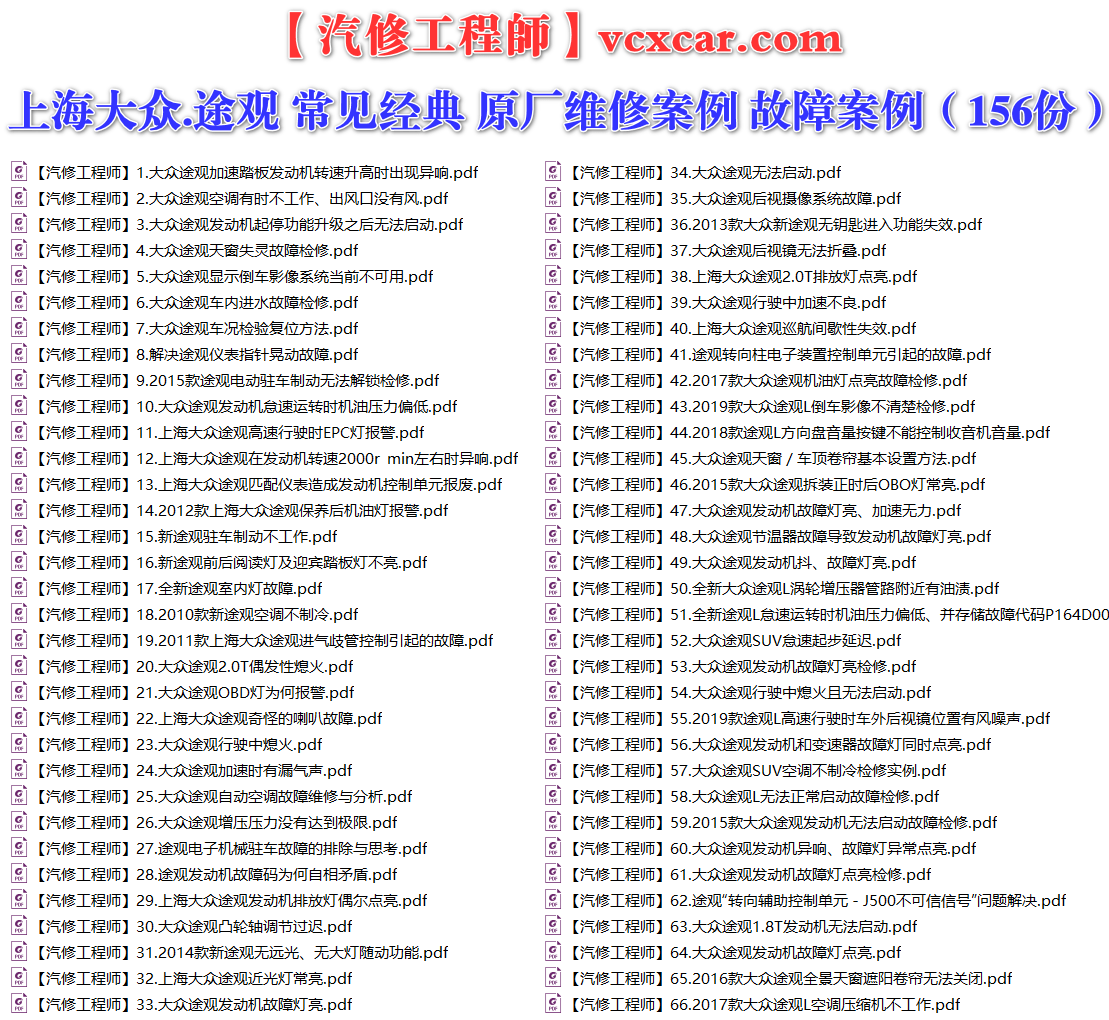 ✅[Free.免费] 上海大众.途观Tiguan | 常见经典 原厂维修案例 故障案例（156份）