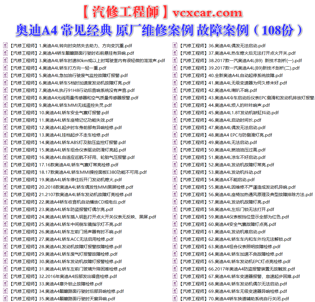✅[Free.免费] 奥迪Audi | A4 常见经典 原厂维修案例 故障案例（108份）