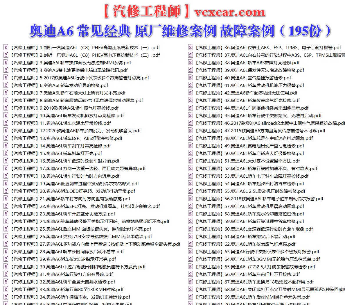 ✅[Free.免费] 奥迪Audi | A6 常见经典 原厂维修案例 故障案例（195份）