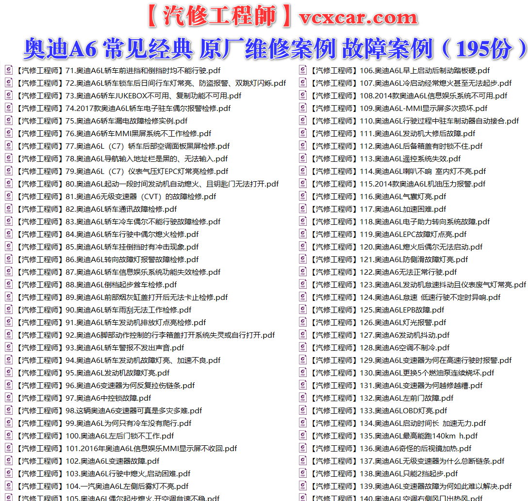 ✅[Free.免费] 奥迪Audi | A6 常见经典 原厂维修案例 故障案例（195份）