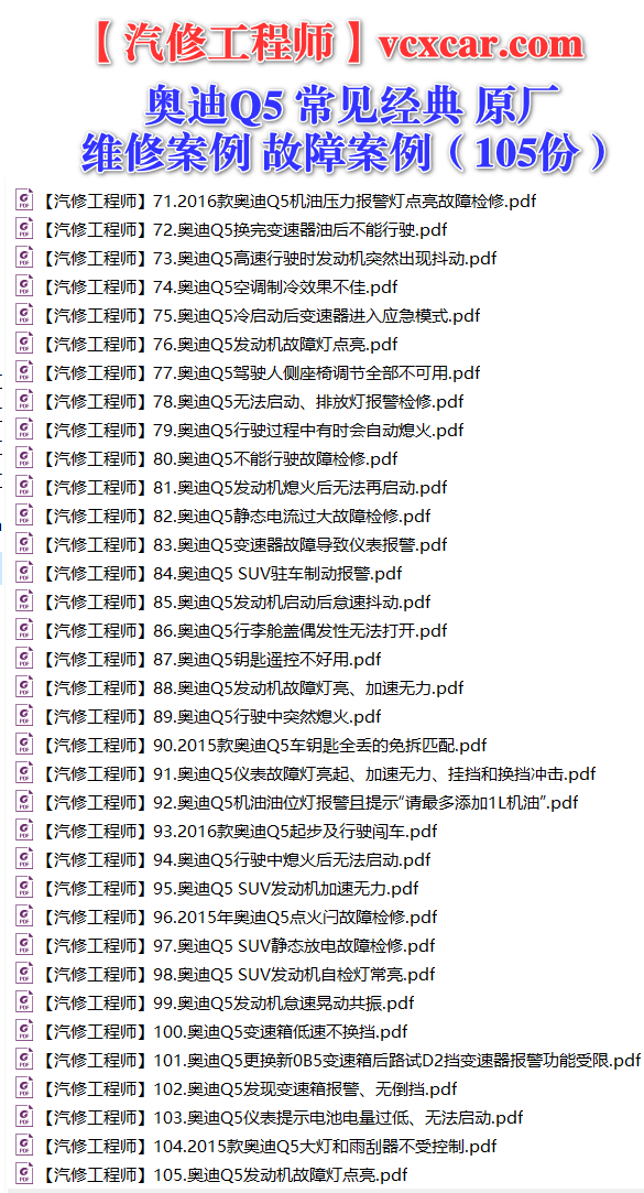 ✅[Free.免费] 奥迪Audi | Q5 常见经典 原厂维修案例 故障案例（105份）