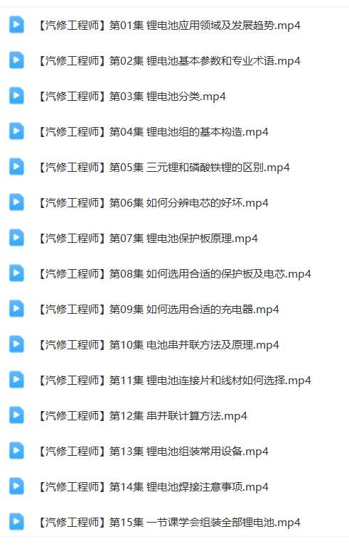 📂锂电池 | 组装教程 2024年 电动车锂电选择 组装 检测 故障维修 课件+视频教学 35集（18G）